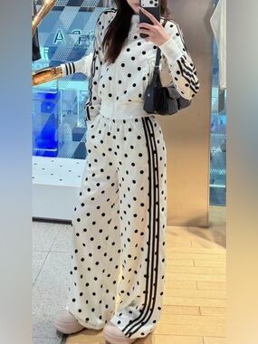 adidas Originals White Polka Dot Wide-Leg Track Pants with Black Stripes